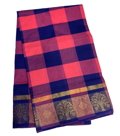 Chettinad Cotton Saree Pink and Blue Colour with Checked Design