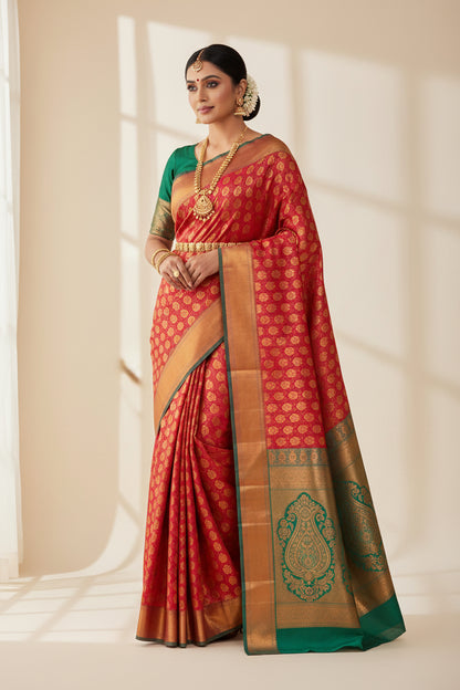 Vegan Silk Saree Pink Colour with Green and Copper Border