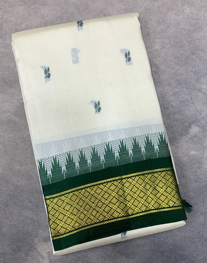 Pure Kanchipuram Silk Saree White Colour with Green Border