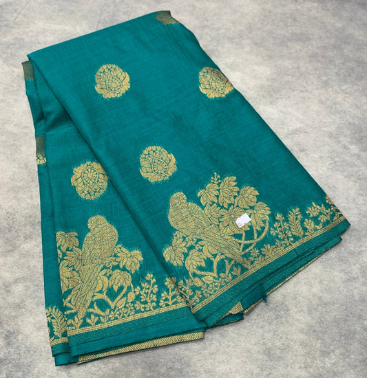 Kora Silk Saree Rama Green Colour with Flower and Parrot Design Border