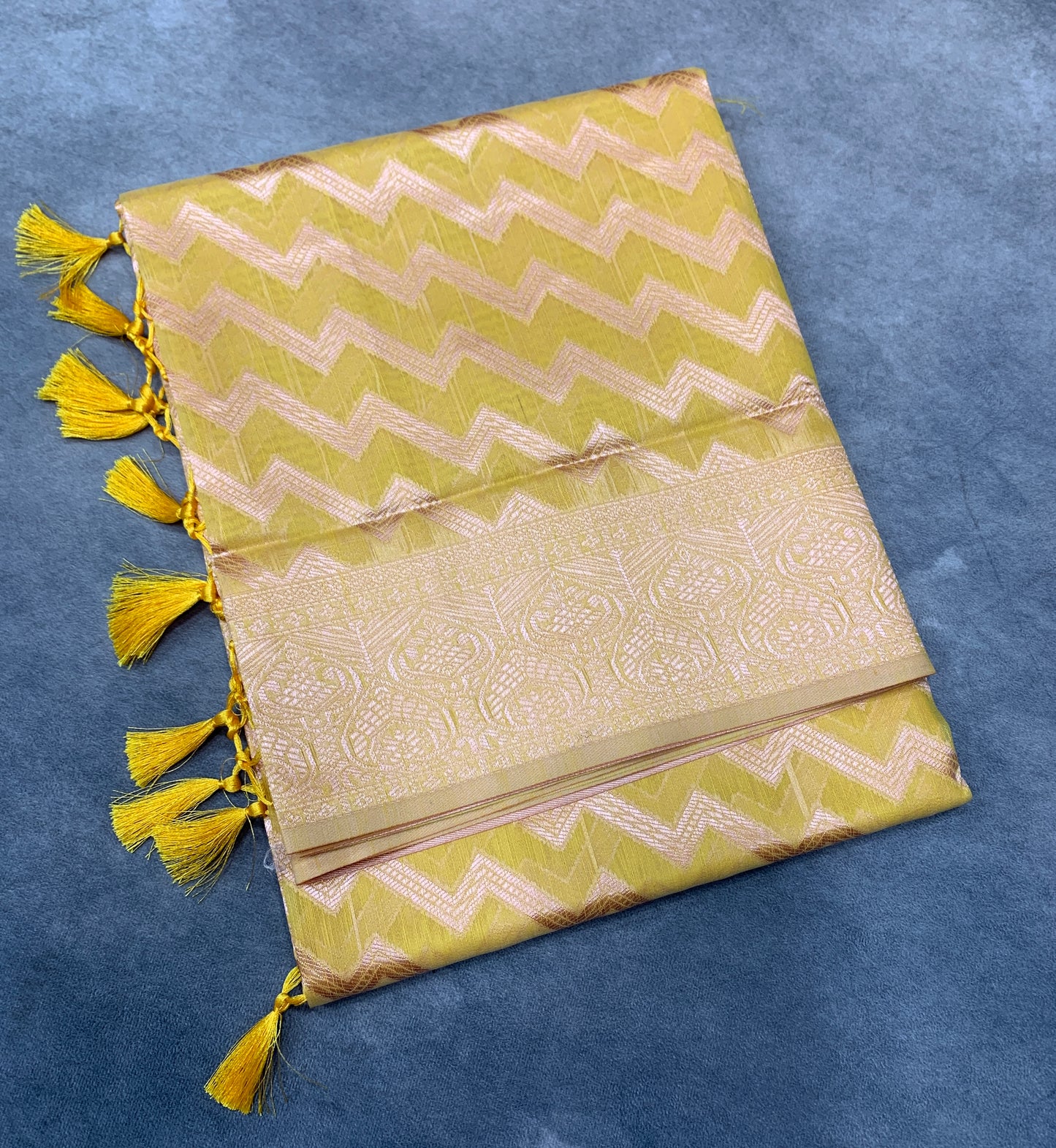 Banaras Katan Saree Yellow Colour with Katan Work Border