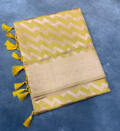 Banaras Katan Saree Yellow Colour with Katan Work Border