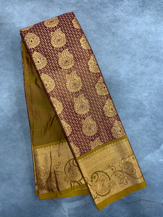 Vegan Silk Saree Maroon Colour with Golden Yellow and Copper Border