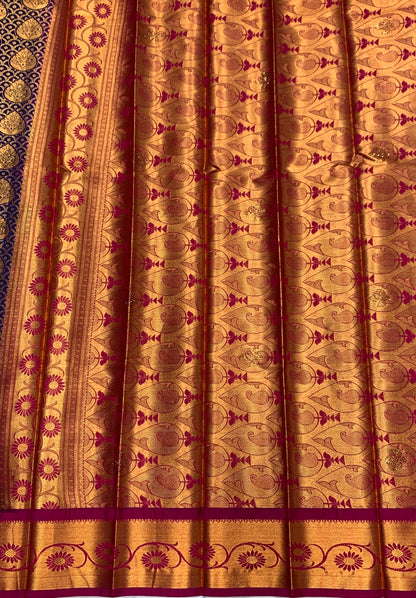 Vegan Silk Saree Blue Colour with Copper and Magenta Border