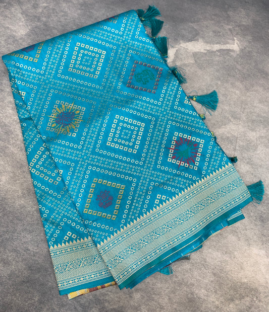 Banaras Soft Silk Saree Rama Blue Colour with Sliver Colour Floral Design Border
