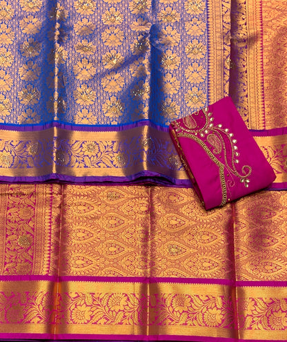 Bridal Vegan Silk Saree Blue Colour with Pink Border with Unstitched blouse in Aari Work
