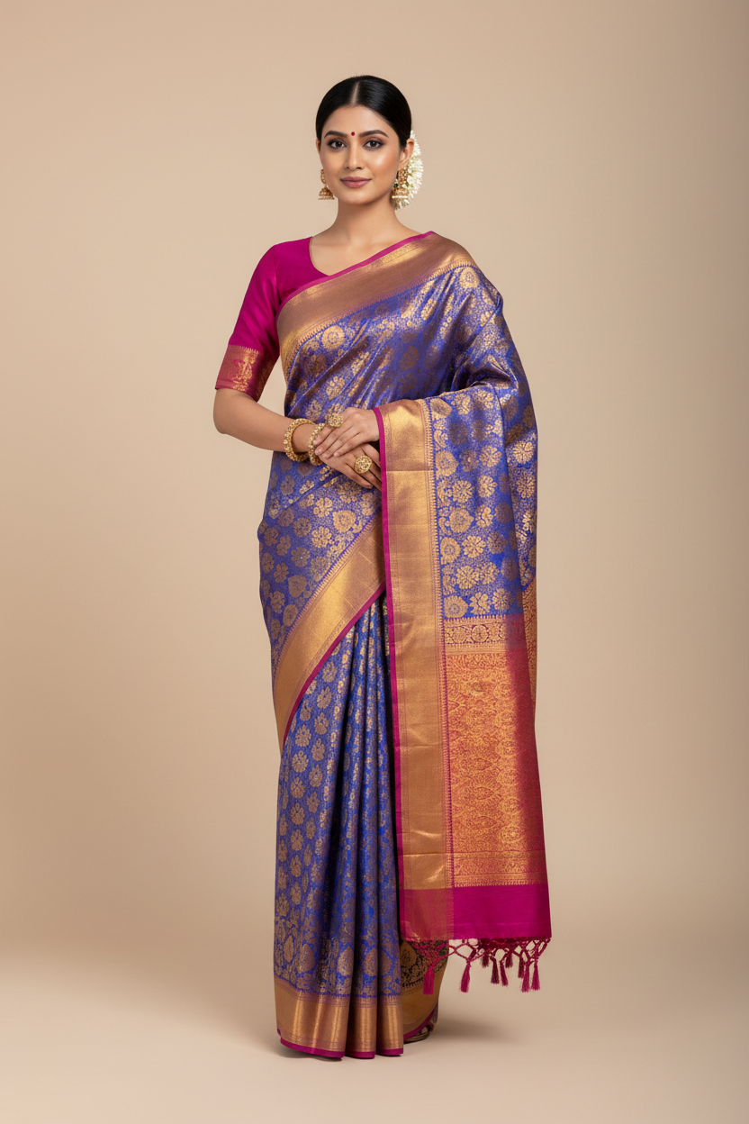 Bridal Vegan Silk Saree Blue Colour with Pink Border with Unstitched blouse in Aari Work