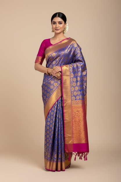 Bridal Vegan Silk Saree Blue Colour with Pink Border with Unstitched blouse in Aari Work