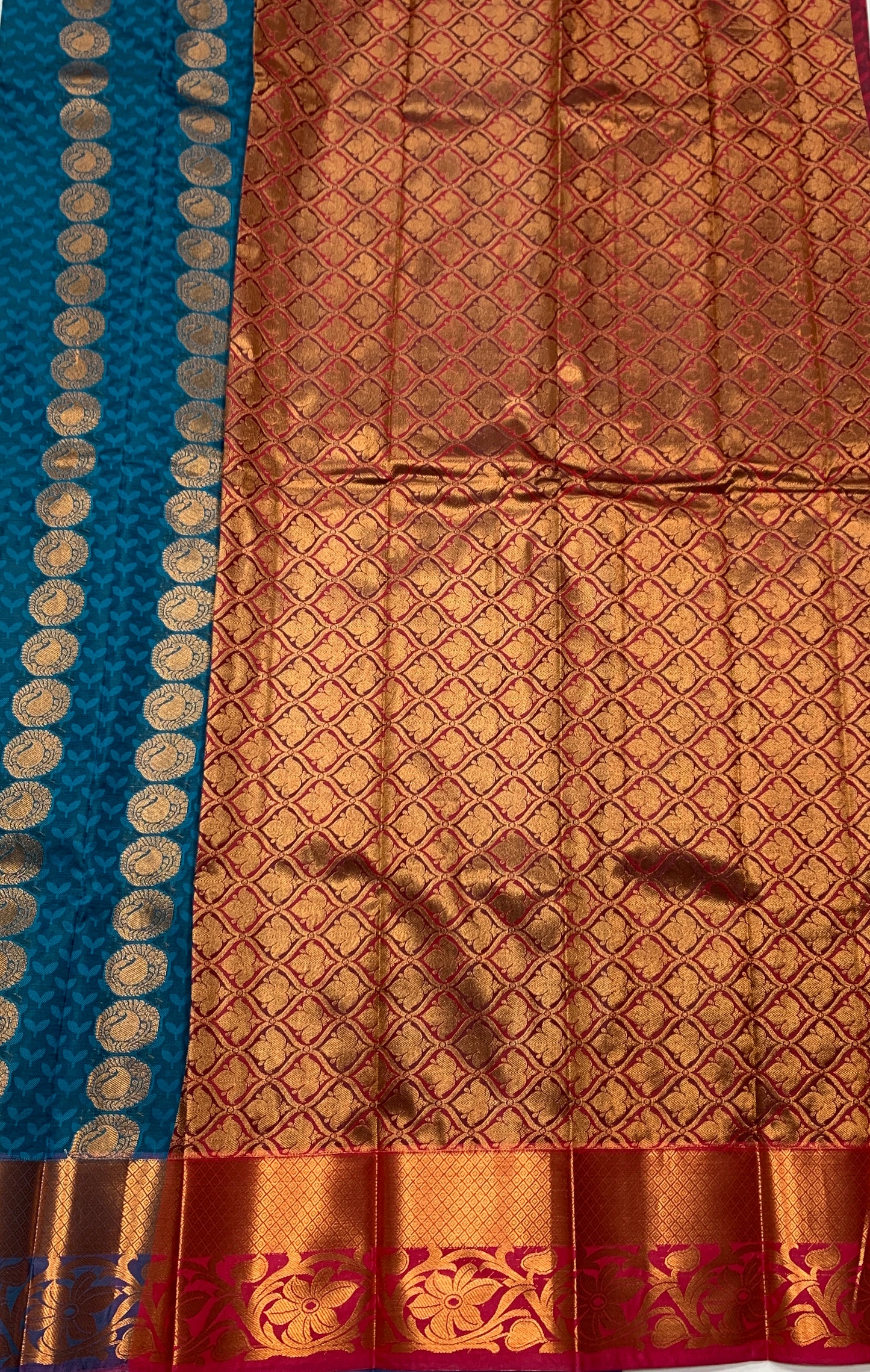 Vegan Silk Saree Peacock Blue Colour with Copper Border