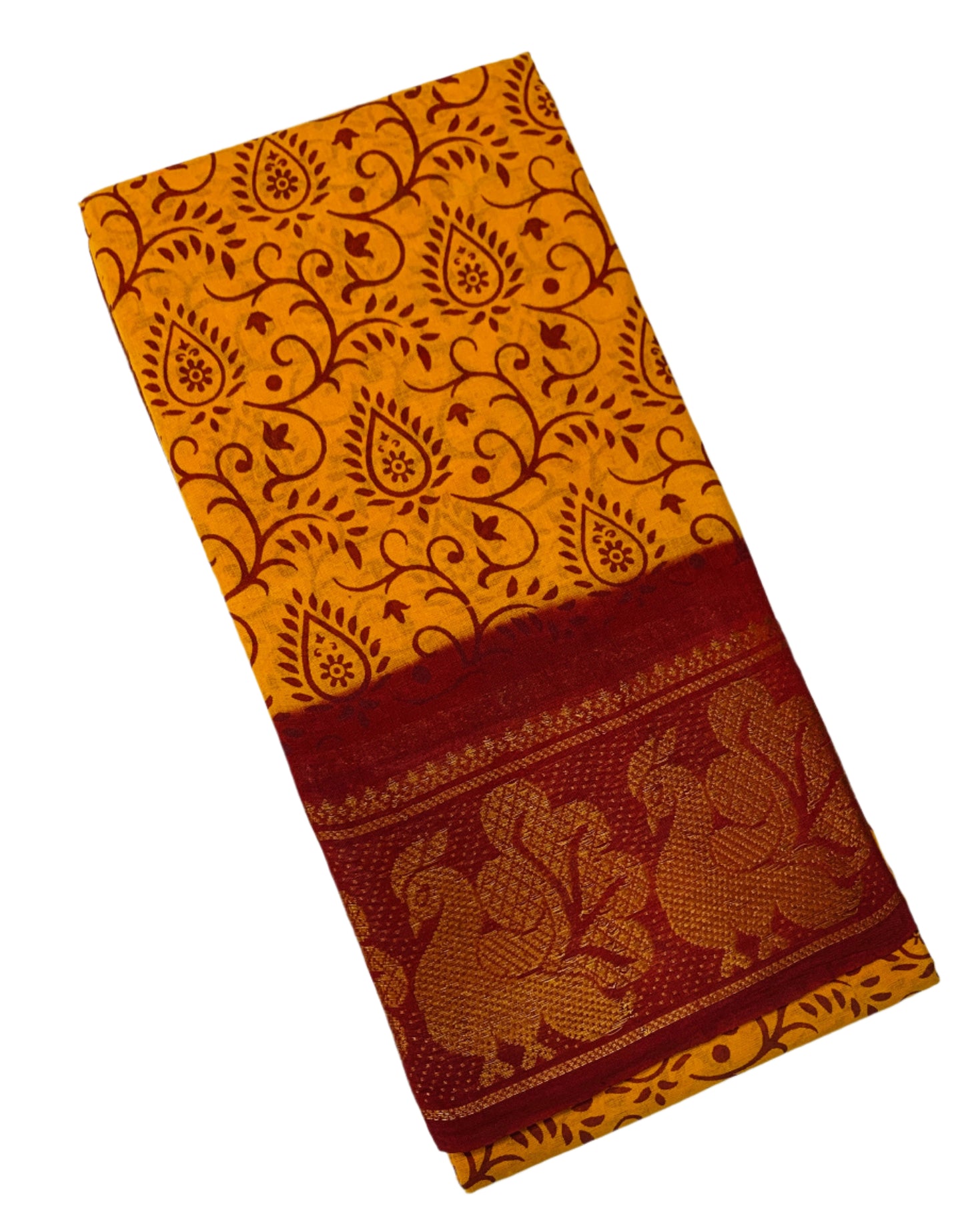 Chettinad Sungudi Cotton Mustard Colour with Maroon Border