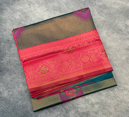 Art Silk Saree Greenish Pink Colour and Stone Work with Baby Pink Border