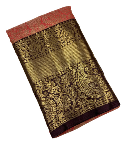 Peach Colour Semi Silk Saree with Big Brown Border