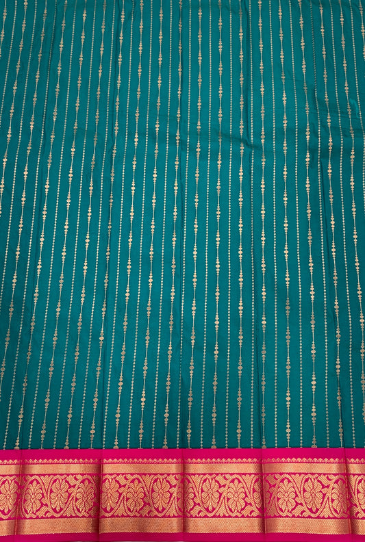 Vegan Silk Saree Rama Blue with Pink Border and Floran Design