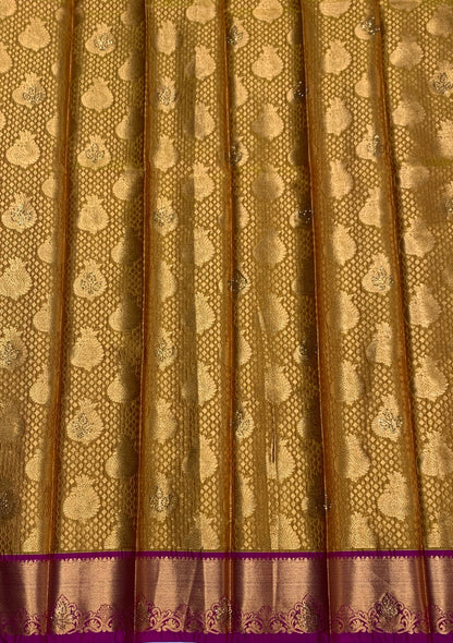 Vegan Silk Saree Golden Yellow Colour with Copper and Pink Border