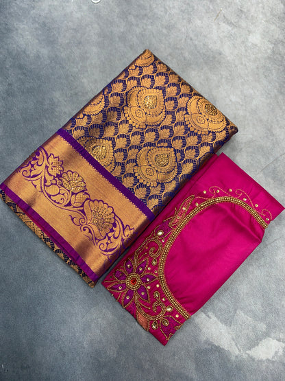 Bridal Vegan Silk Saree Blue Colour with Pink Border with Unstitched blouse in Aari Work