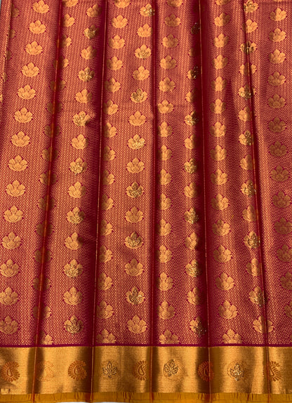 Vegan Silk Saree Pinkish Red Colour with Copper and Mustard Border