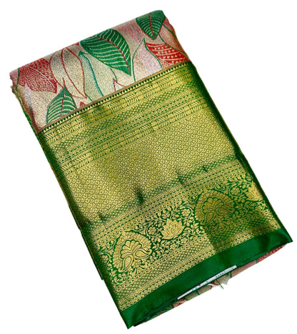 Green & Orange Leaf Soft Kanchi Tissue Pattu Saree with Green Border