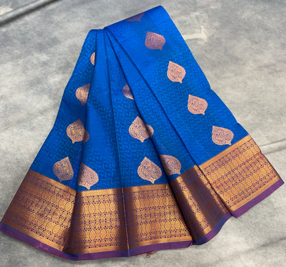 Vegan Silk Saree Blue Colour Saree with Copper Border