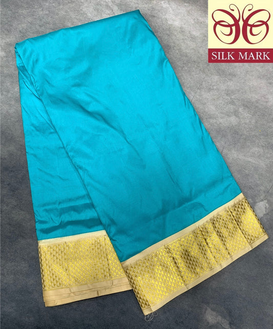 9 yards Pure Kanchipuram Silk Saree Sapphire Blue Colour with Biscuit and Golden Zari Border