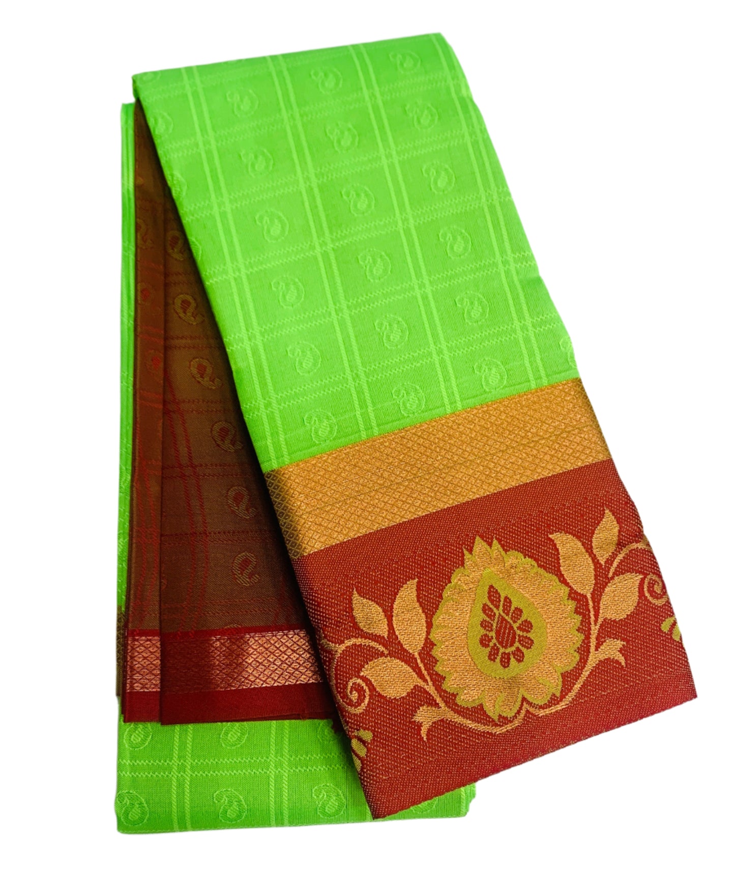 Synthetic Cotton Saree Apple Green Shade with Maroon Border