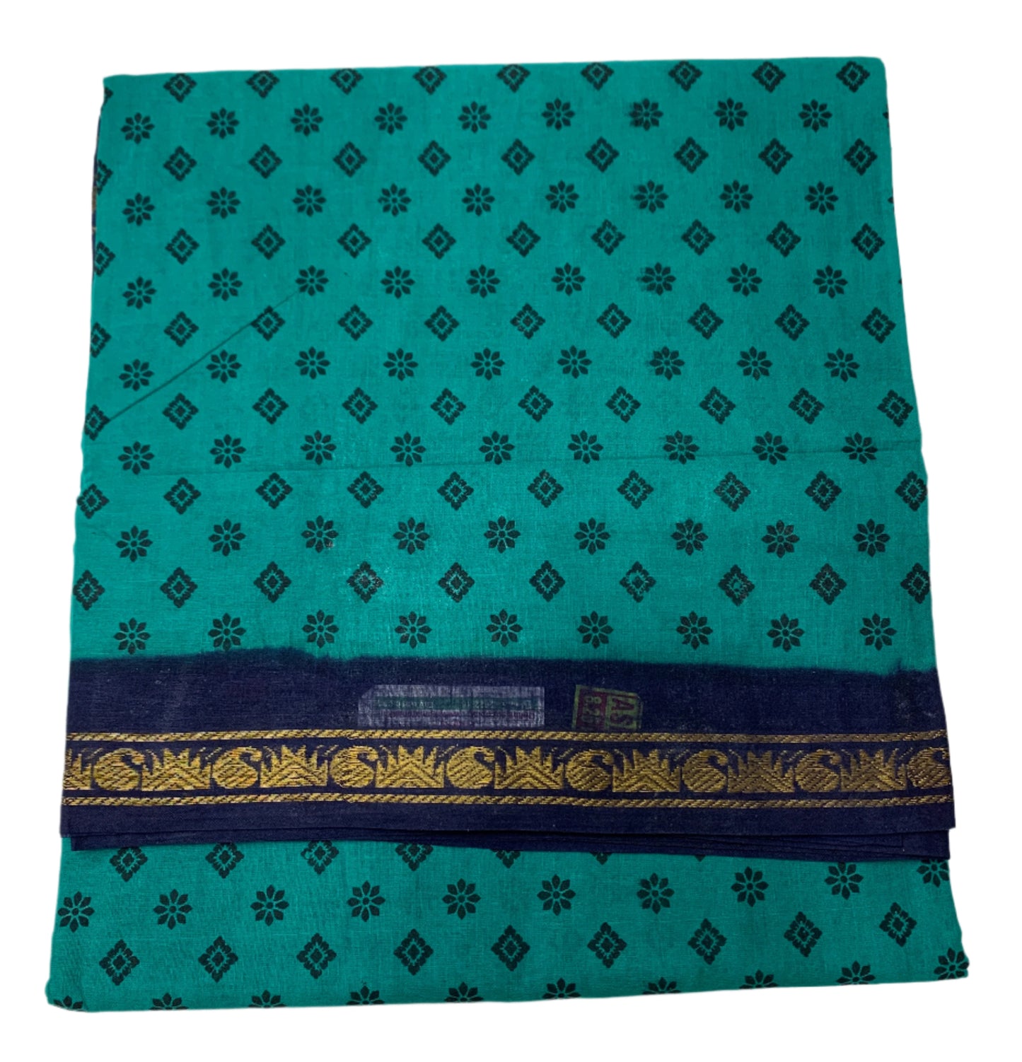 9 yards Cotton Saree Rama Green with Navy Blue Border