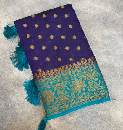 Crepe Saree Navy Blue Colour with Sky Blue Border