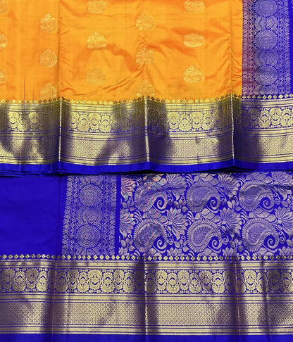 Pure Kanchipuram Silk Mango Yellow Colour with Blue Border
