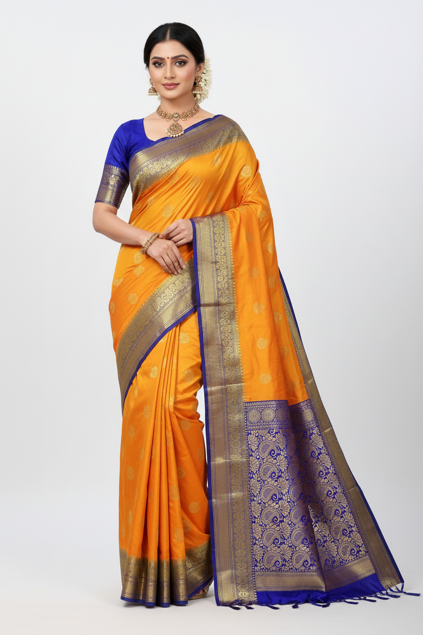 Pure Kanchipuram Silk Mango Yellow Colour with Blue Border