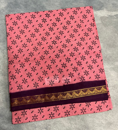 Chettinad Sungudi Cotton Peach Colour with Brown Colour Border
