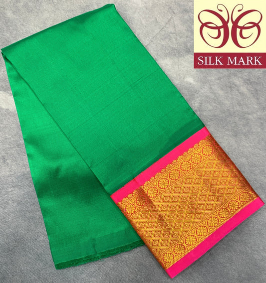Green Shade Pure Kanchipuram Kids Pattu Pavadai with Contrast Border for Newborn to 2 Years