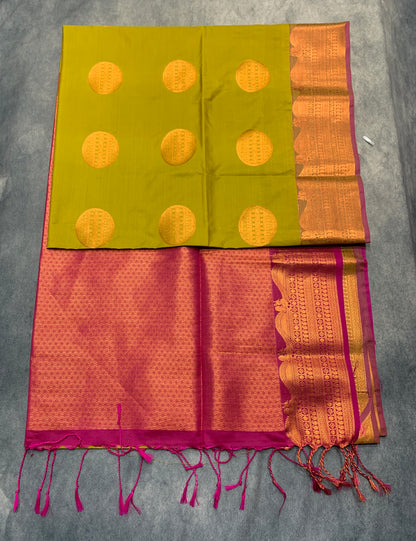 Soft Vegan Silk Saree Lime Green Colour with Pink and Sliver Border