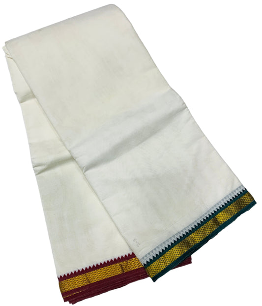 2X8 Cotton Dhoti Cream Colour with Green and Maroon Border