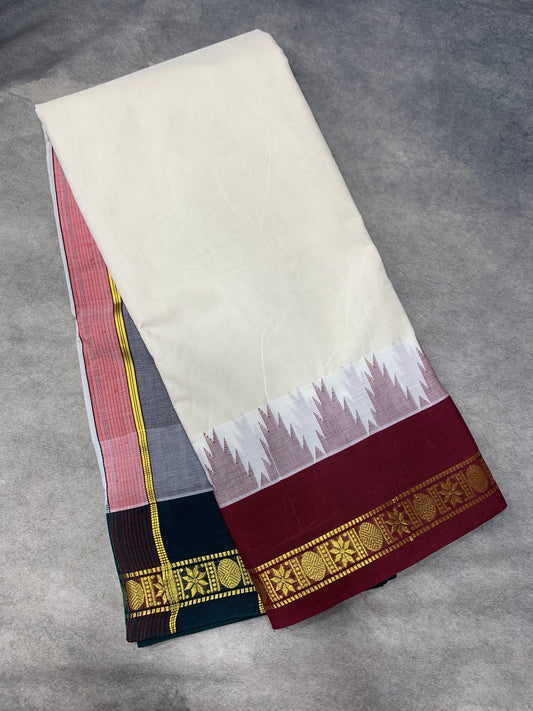 9X5 Korvai Cotton Dhoti Half White Colour Maroon and Green Border