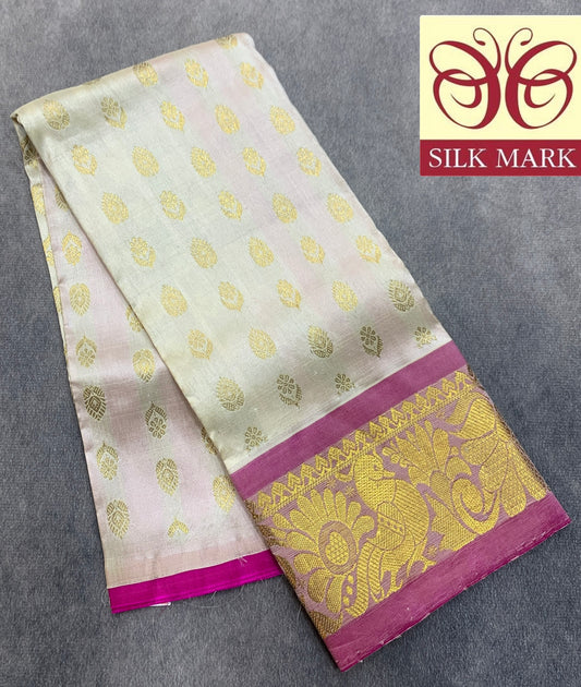 Ivory Shade Pure Kanchipuram Kids Pattu Pavadai with Contrast Border for Newborn to 2 Years