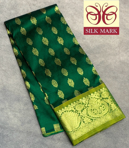 Green Shade Pure Kanchipuram Kids Pattu Pavadai with Contrast Border for Newborn to 2 Years