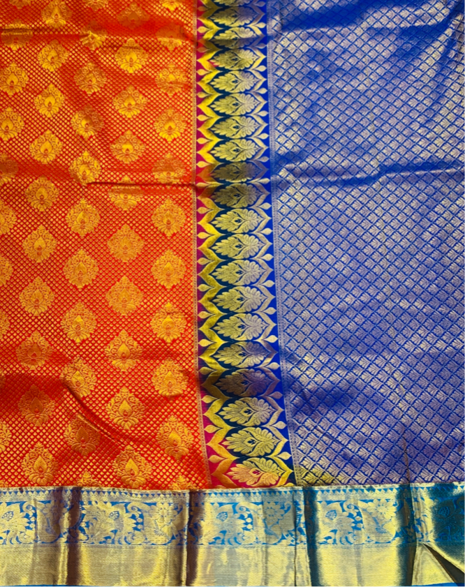 Vegan Silk Saree Red Shade with Golden and Blue Border