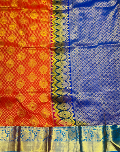 Vegan Silk Saree Red Shade with Golden and Blue Border