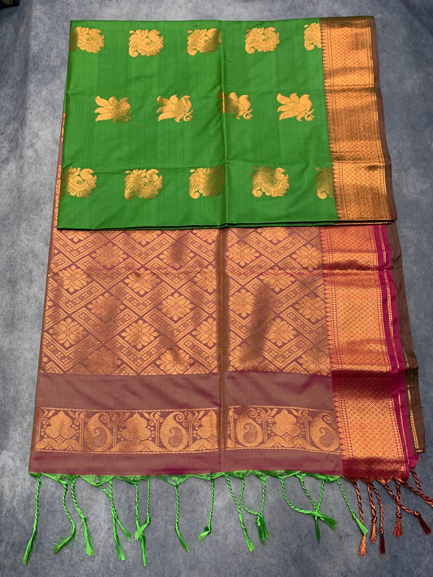 Soft Vegan Silk Saree Light Green Colour with Light Brown and Copper Border