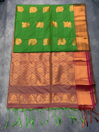 Soft Vegan Silk Saree Light Green Colour with Light Brown and Copper Border