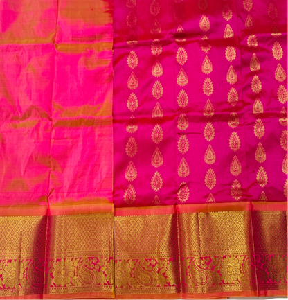 Pink shade Pure Kanchipuram Kids Pattu Pavadai with contrast border for age 2 to 5