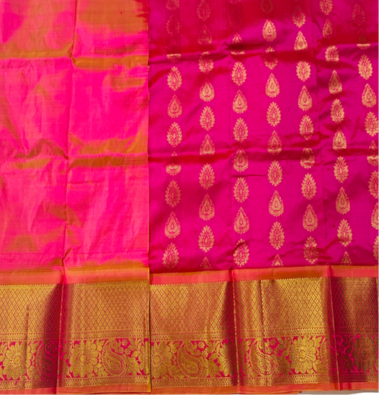 Pink shade Pure Kanchipuram Kids Pattu Pavadai with contrast border for age 2 to 5