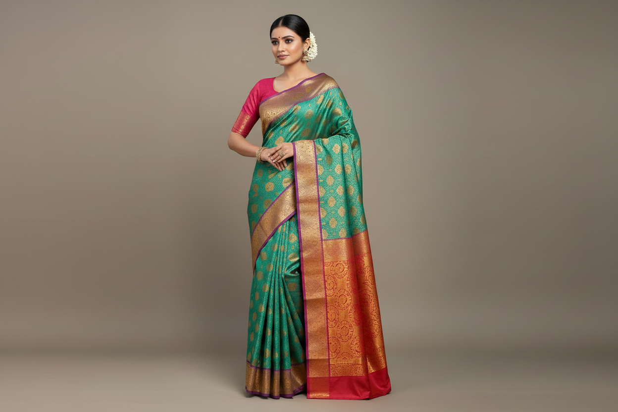Vegan Silk Saree Light Green Colour with Copper and Magenta Border