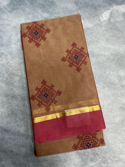 Chettinad Sungudi Cotton Light Honey Brown Colour with Strawberry Red Colour Border