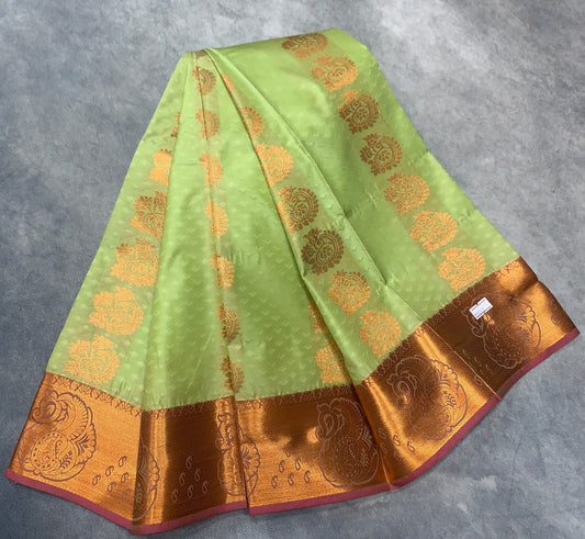 Vegan Silk Saree Light Green Colour Saree with Copper Border