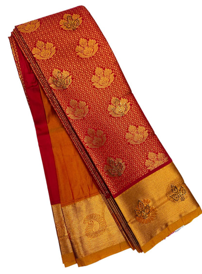 Vegan Silk Saree Pinkish Red Colour with Copper and Mustard Border