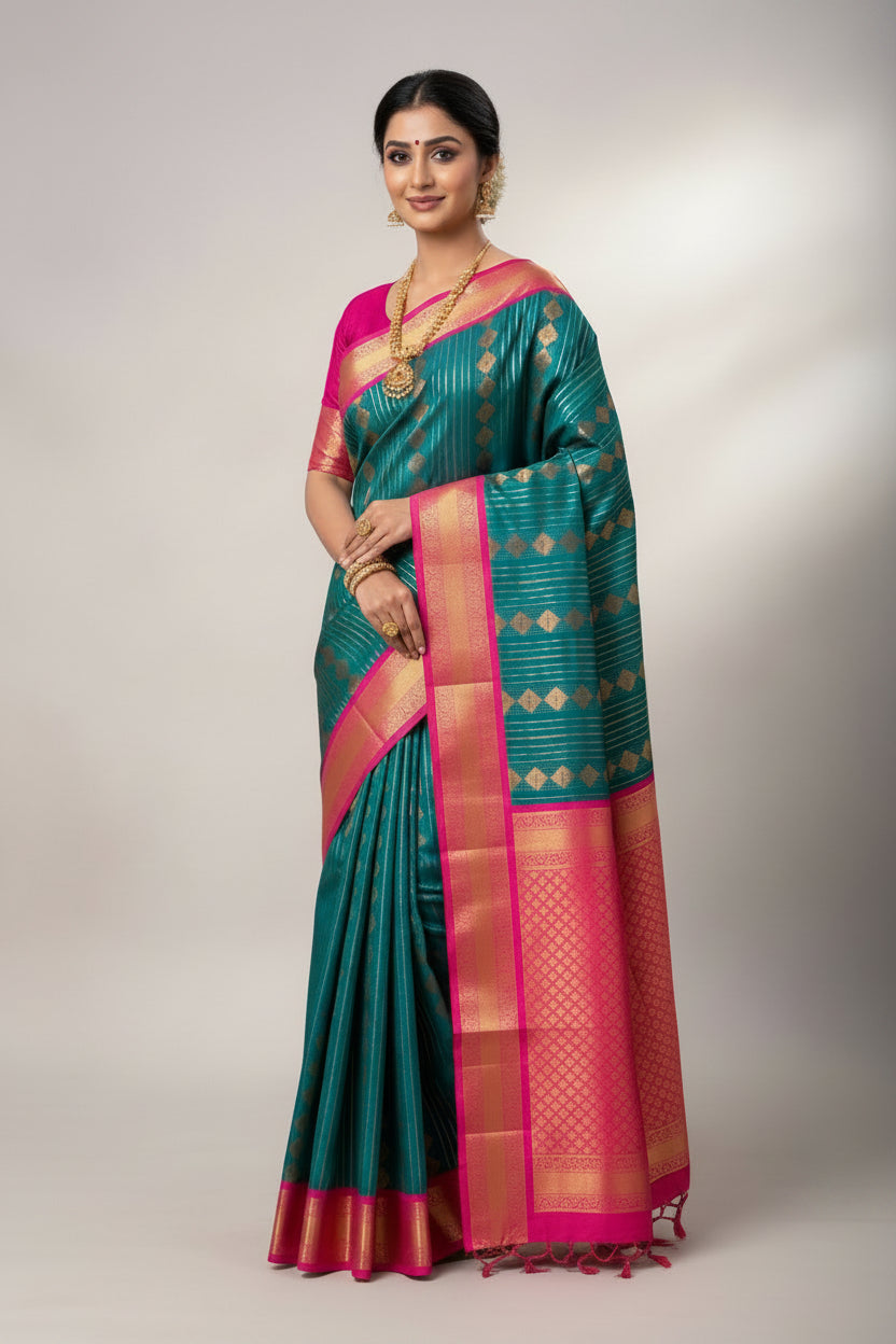 Vegan Silk Saree Peacock Blue Colour Saree with Pink Colour Contrast Border