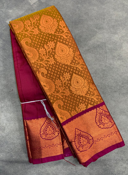 Vegan Silk Saree Golden Yellow Colour with Pink and Copper Border