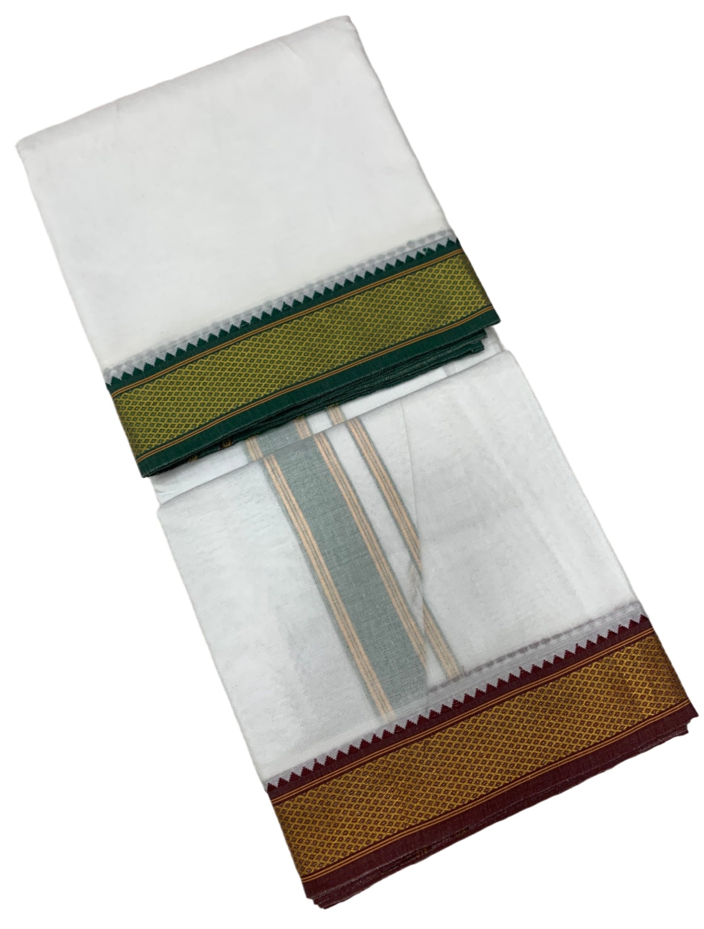 10X6 Cotton Dhoti White Colour with Green and Maroon Border