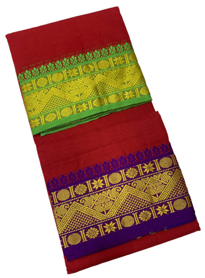 9X5 Cotton Dhoti Red Colour with Green and Blue Border