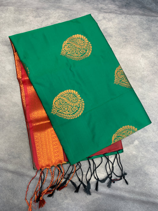 Soft Vegan Silk Saree Green Colour with Maroon and Copper Border